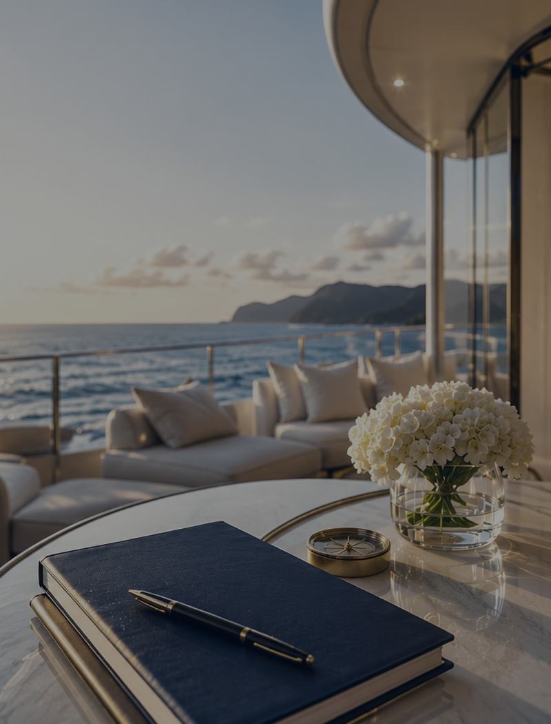 A private deck at sunset with a notebook, pen and compass