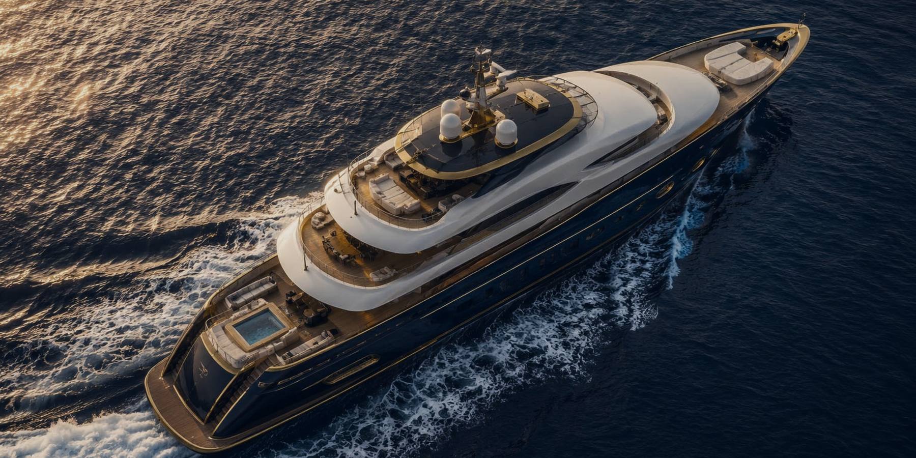 A motor yacht under way at sunset