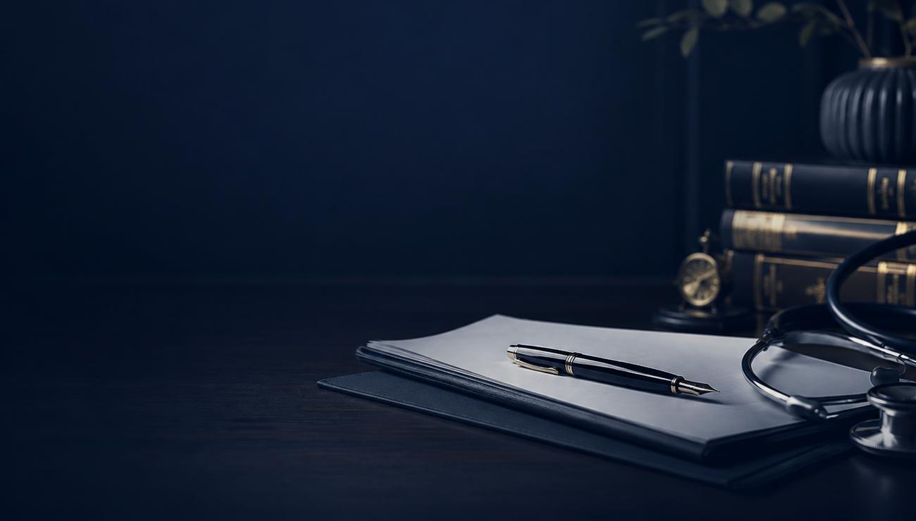 Fountain pen, medical directive and stethoscope on a desk