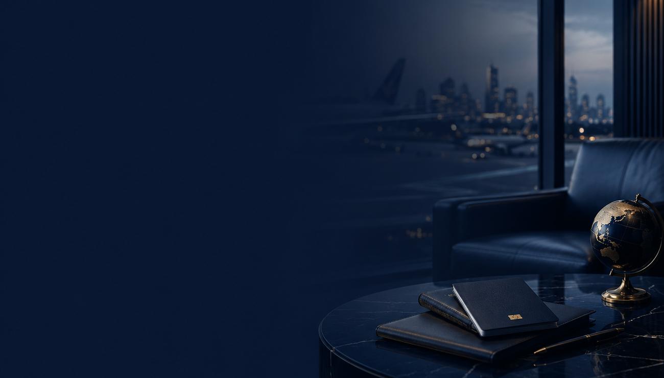 Passports and a globe in an airport lounge at dusk