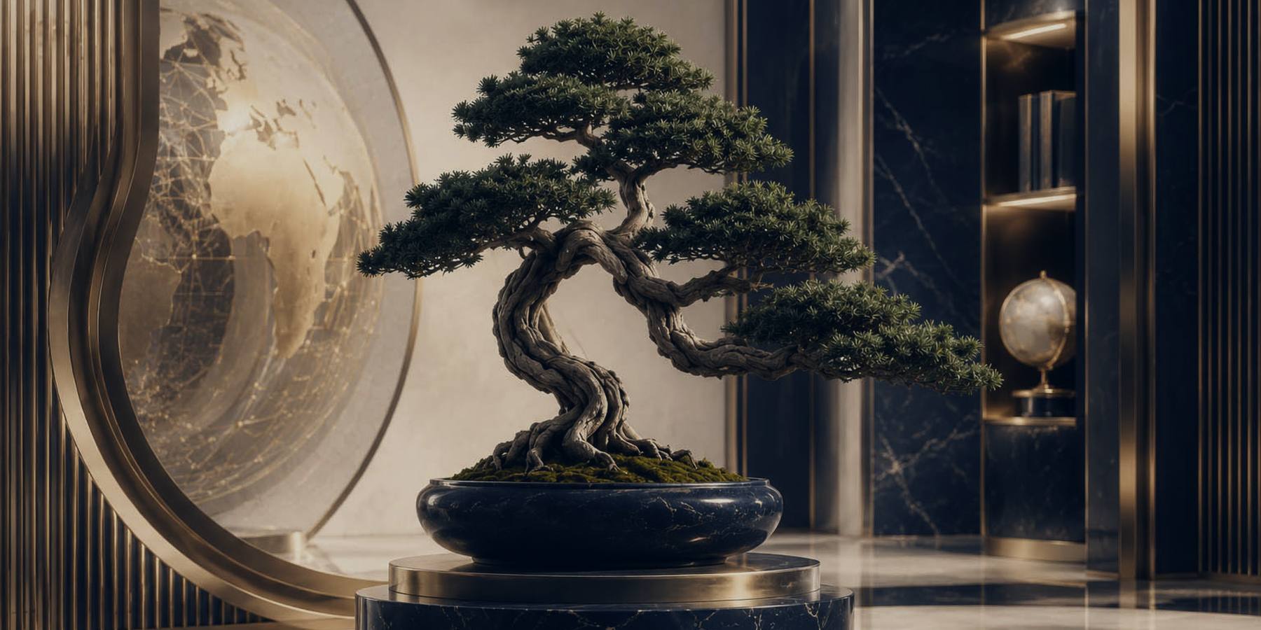 A bonsai on a marble plinth beside a gilded globe